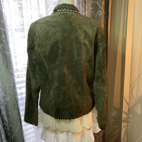 100% SUEDE SOPHIE CHANG Faux Pearl embellished lightweight jacket darkOlive Med - Picture 8 of 15